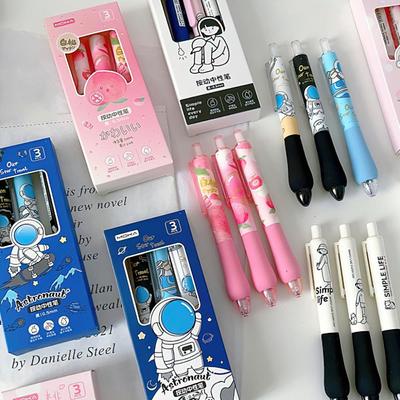 3pcs Simple Life Gel Pens Set Pink Peach Astronaut Space Travel Soft Holding 0.5mm Ballpoint Black Color Ink