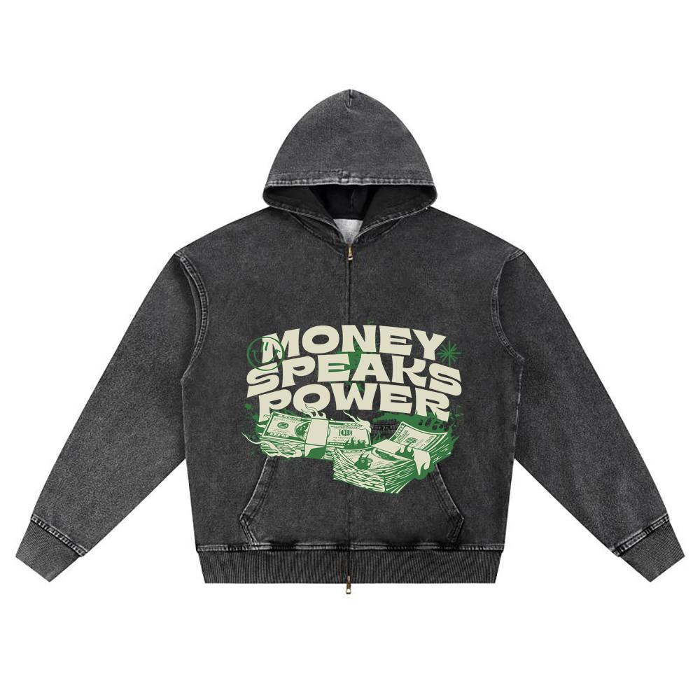 DTG Print Knitted Denim Zip-Up Hoodie Money Speaks Power Brother Print Zipper Hoodies