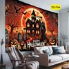 2D Plane, 1 Halloween Party Background Cloth - Ghost House with "Happy Halloween" Text, Pumpkin Lantern, Cemetery Pattern