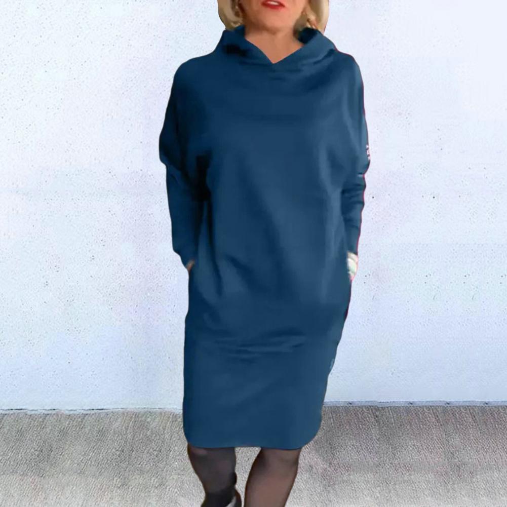 Women Dress Hooded Loose Solid Color Long Sleeve Pullover Knee Length Thick Warm Casual Fall Spring Midi Dress