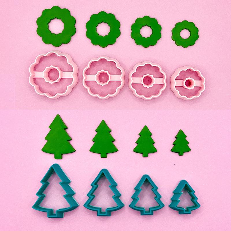 4Pcs 3D Printed Christmas Tree Wreath Polymer Clay Cutters for DIY Jewelry Making Earrings Necklaces Pendant Soft Molds Tools