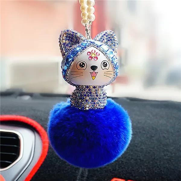 Cute Car Pendant Lovely Lucky Cat Rhinestone Chinese Style Cartoon Plush Fur Ball Decoration Hanging Ornaments Auto Accessories