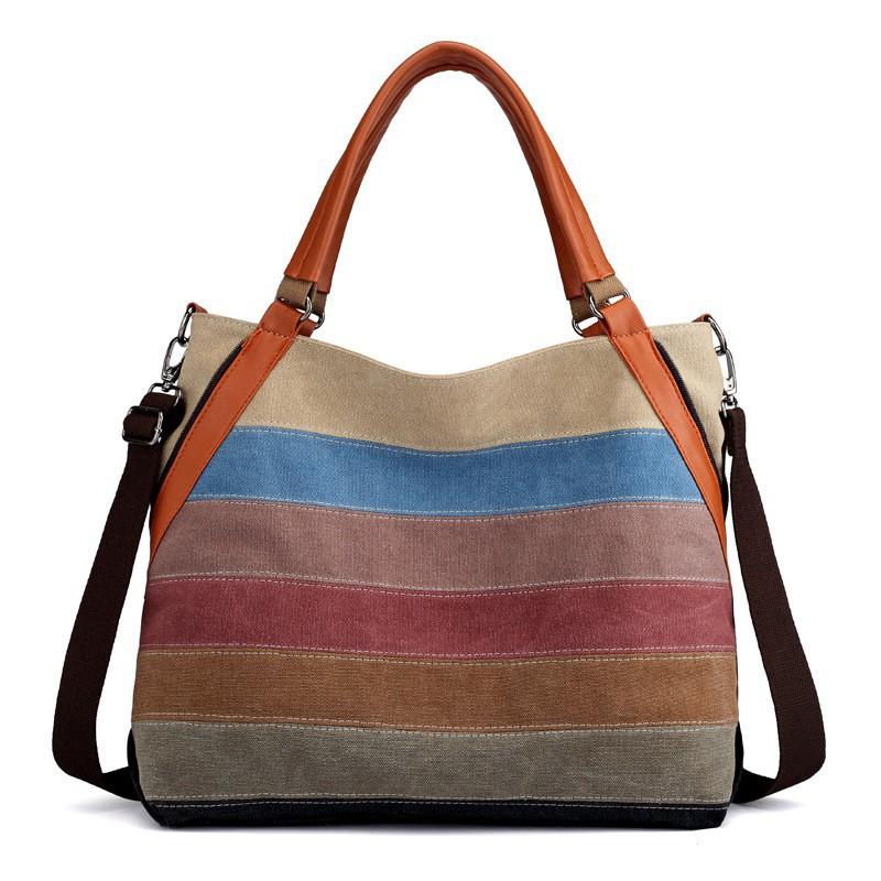 

Korean Preppy Canvas Women s Handbag Contrasting Color Bag Striped Fashionable Retro Large-capacity Single-shoulder Cross-body