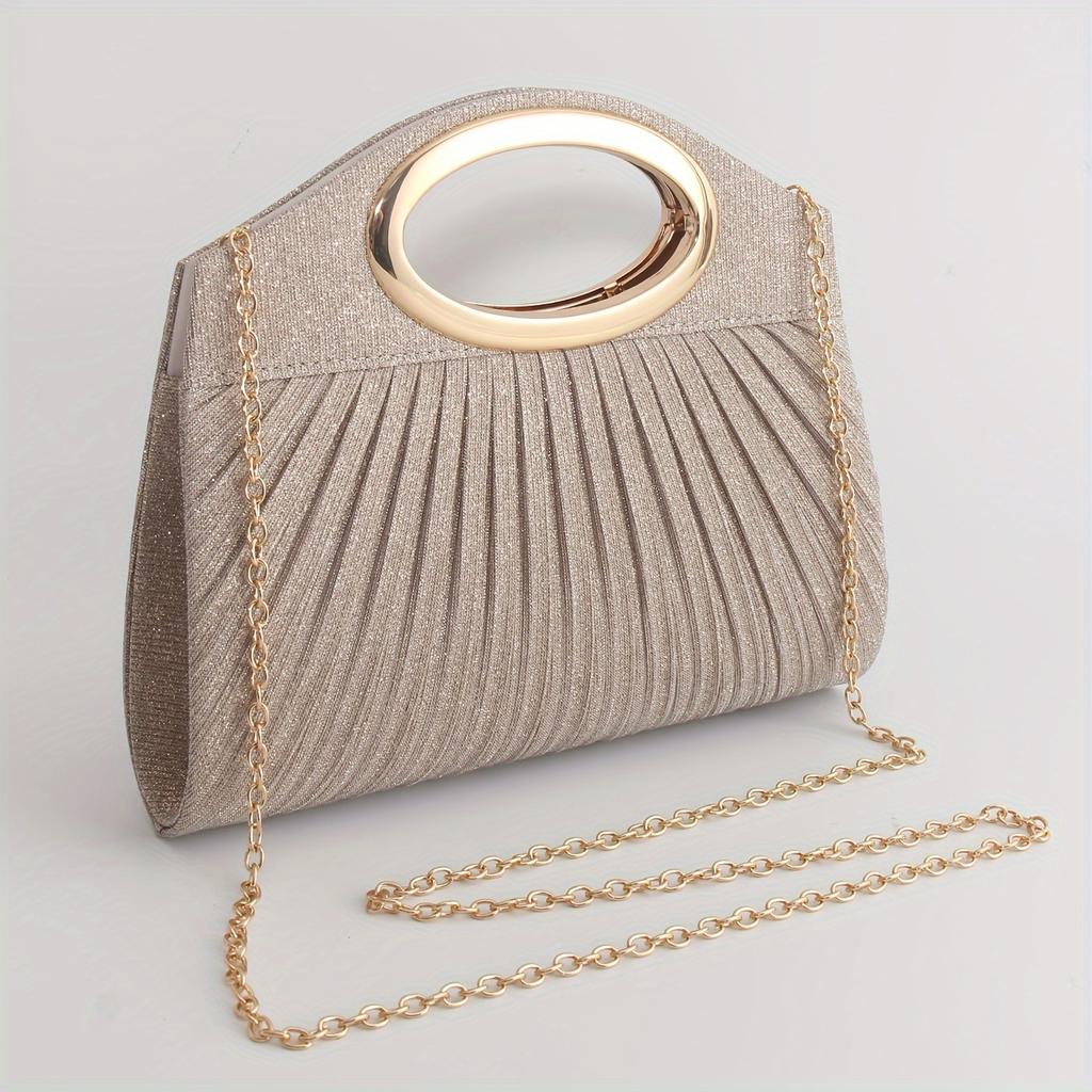 Double Magnetic Button Glamorous Glitter Dinner Clutch Bag for Ladies with Metal Ring Handle Pleated Design Includes Necklace Crossbody Bag