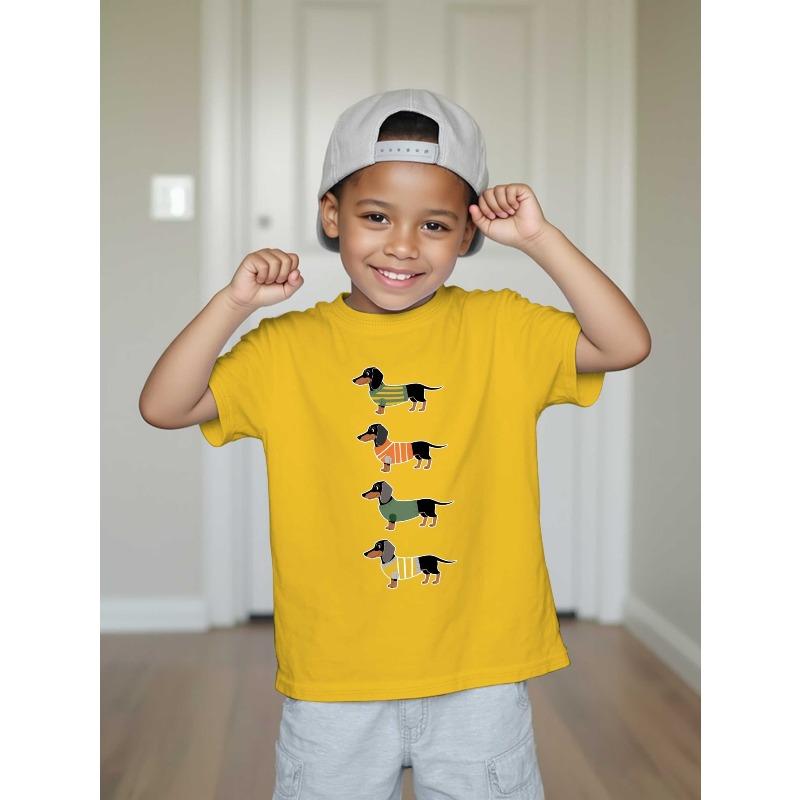 European Size Boys Round-neck Short-sleeved T-shirt with Four Dachshund Pattern Prints