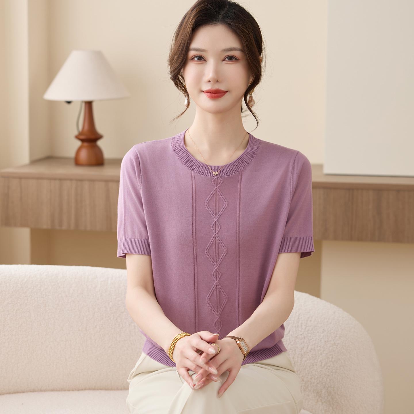 

Women s Summer Round Neck Ice Silk Short-Sleeve T-Shirt - Loose Fit Mulberry Knitwear 3XL (120-135 lbs) фиолетовый
