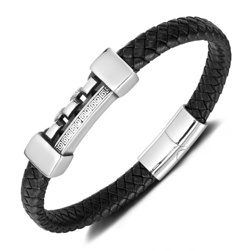 Hot Selling Leather Bracelet Men's Stainless Steel Personalized Fashion Versatile Retro Style Titanium Woven