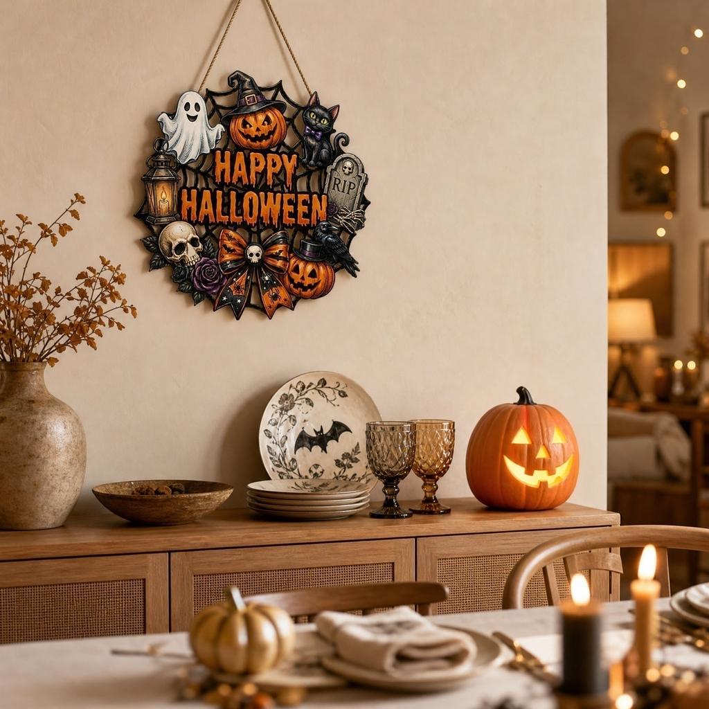 Wooden Halloween Hanging Sign with Spider Web Pumpkin Ghost Cat Skull and Bow for Indoor Outdoor Party Wall Decoration