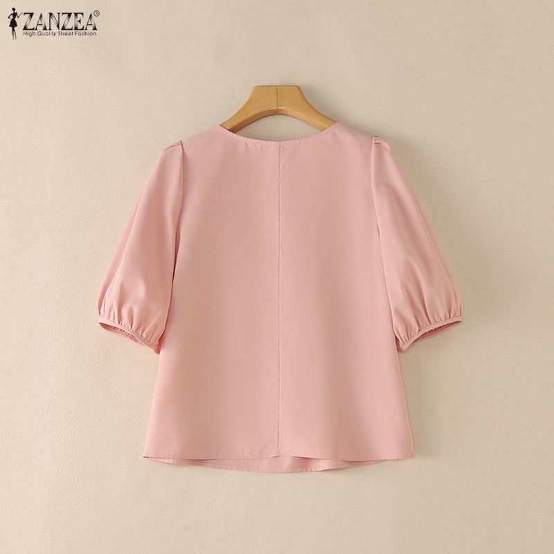 ZANZEA Blusa Casual da Donna a Manica Corta Girocollo Tinta Unita
