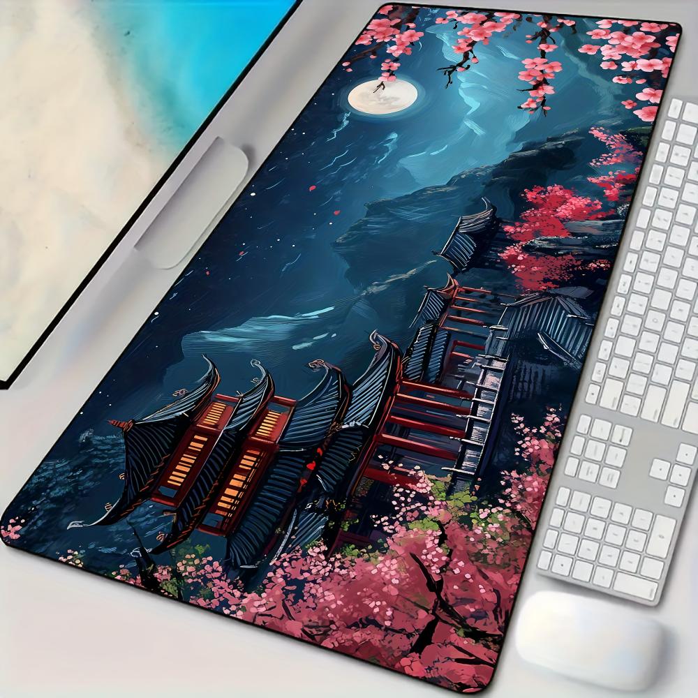 Romantic Cherry Blossom Theme Mouse Pad Desk Mat with Stitched Edges Natural Rubber Base Pc Accessories Game Mat Decorative Pad