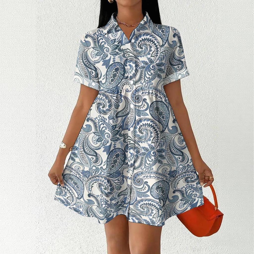 Women’s Casual Loose Fit Shirt Dress Button Down Stand Collar Short Sleeve Relaxed Tunic Dress with Geometric Print