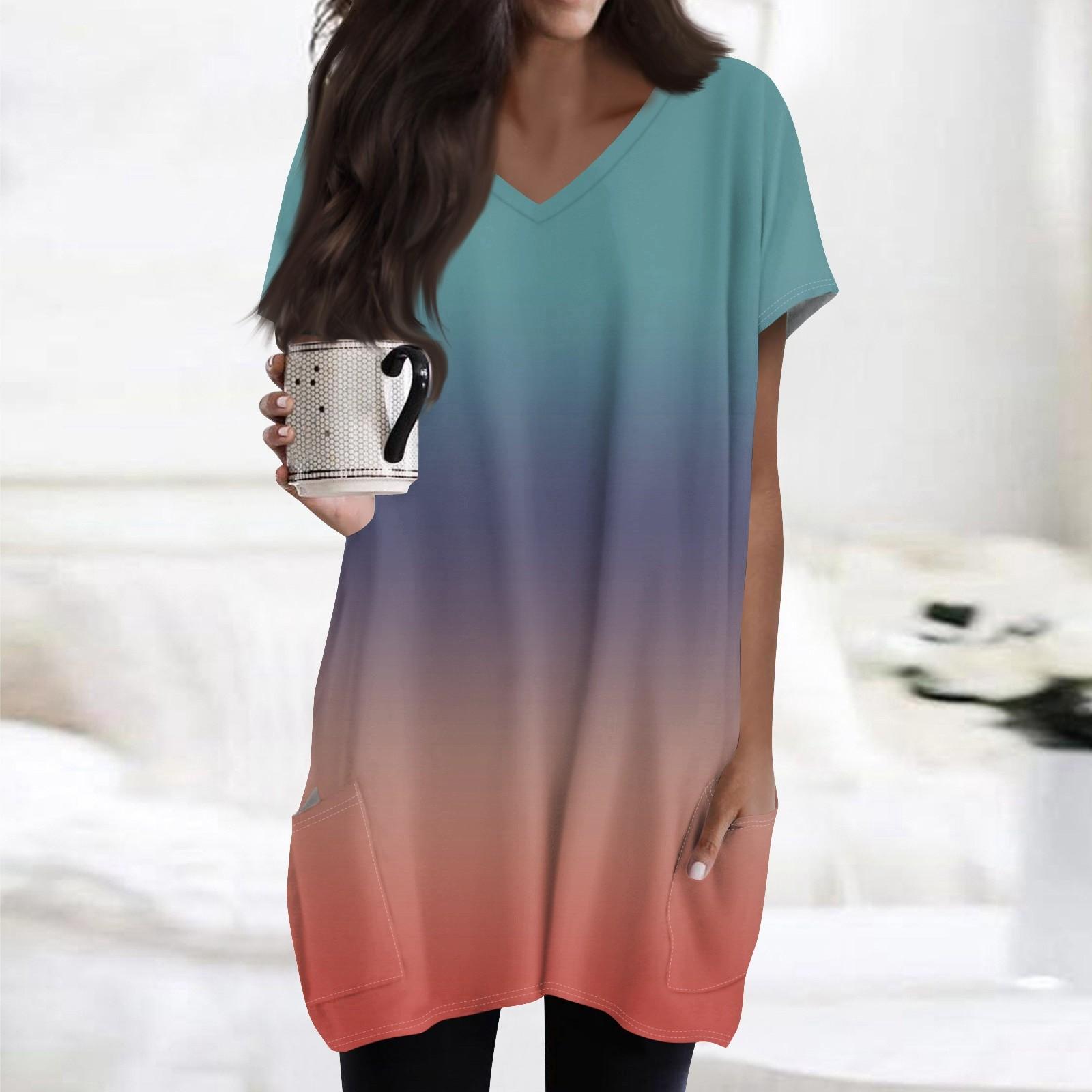 

Женские топы с V-образным вырезом, блузки с коротким рукавом, повседневные рубашки средней длины, модные туники с принтом и карманами XXXL