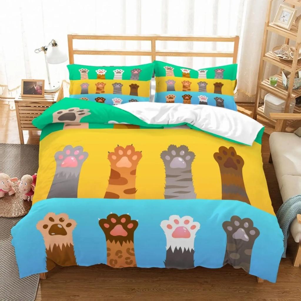 Blue Cartoon Cat Paw Print Duvet Cover For Children Boys And Girls Duvet Cover Cute Pet Cat For Bedroom Decorations Queen King