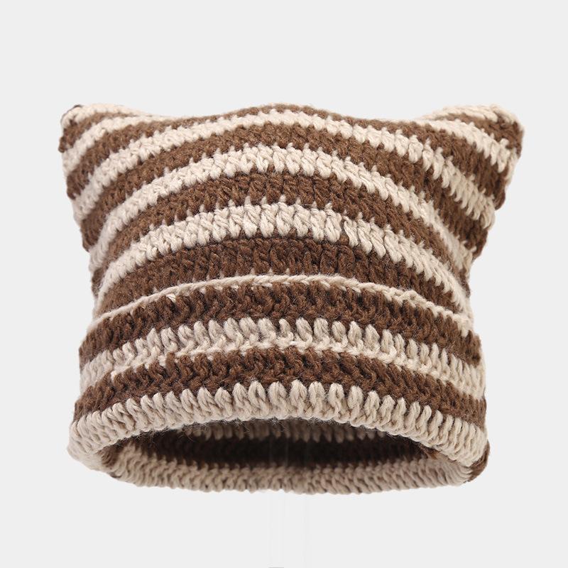 

New little devil handmade hat female trendy cute cat ears casual knitted hat autumn and winter contrasting color thermal hat M（56-58cm）