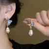 Imitation Pearl Stud Earrings for Women Oil-dripping Flower Drop Earring Vintage Rhinestones Jewelry Accessory