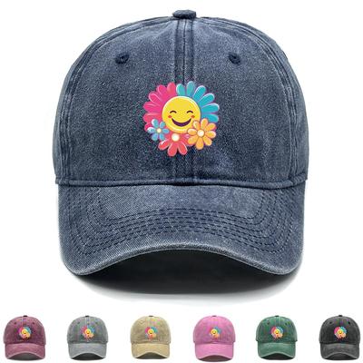 Flower Smiling Face Print Snapback Sun Hat, Trucker Hat Simple Solid Retro Adjustable Buckle Adjustable Baseball Cap