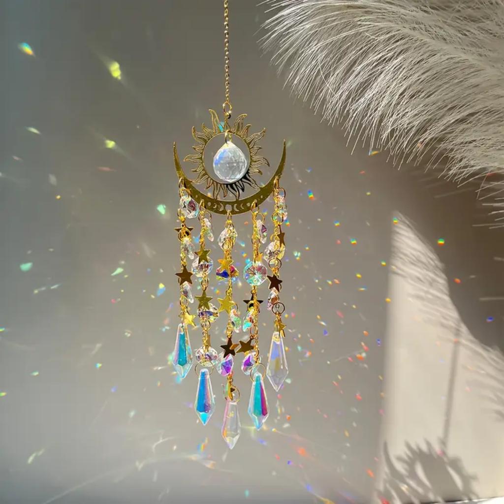 1 tk Gold Star Moon välisvalgustus kristallist tuulekella rippuv aed päikesepüüdja pühade pulmapeo kaunistustarbed