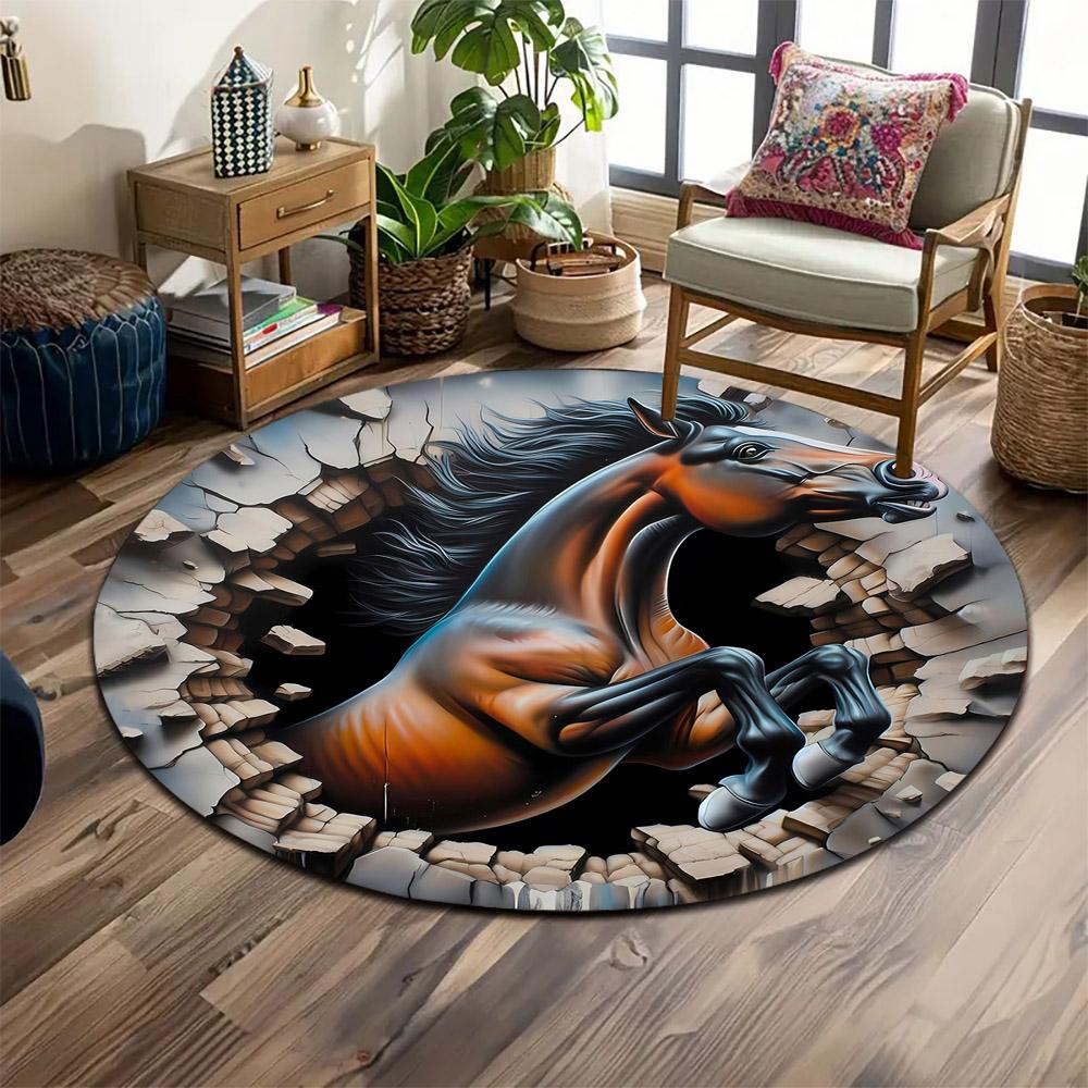"Majestic Horse Breaking Through Wall" Print Round Rug, Living Room, Bedroom, Playroom Carpet, Non Slip Floor Mat, Gift