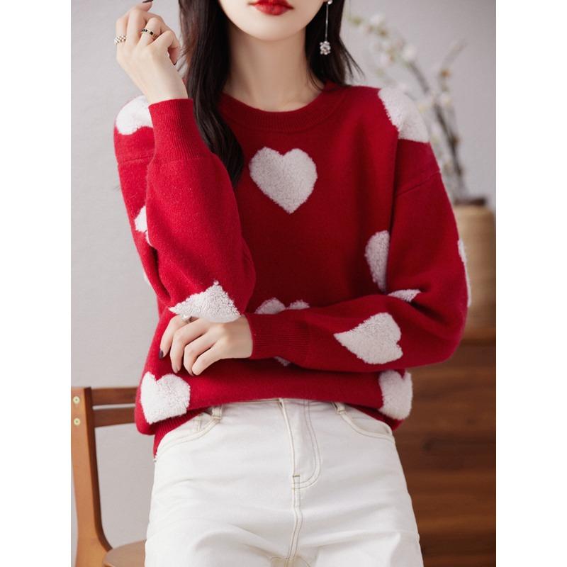 Round Neck Love Wool Sweater for Women In Autumn and Winter New Fashionable and Versatile Cashmere Base Shirt Skin-friendly and Warm Top