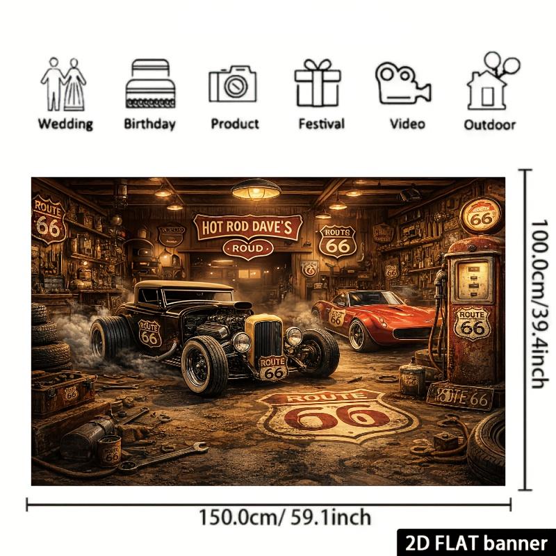 2D Flat Banner - Industrial Style - 66th Highway Background Fabric - Retro Garage Theme