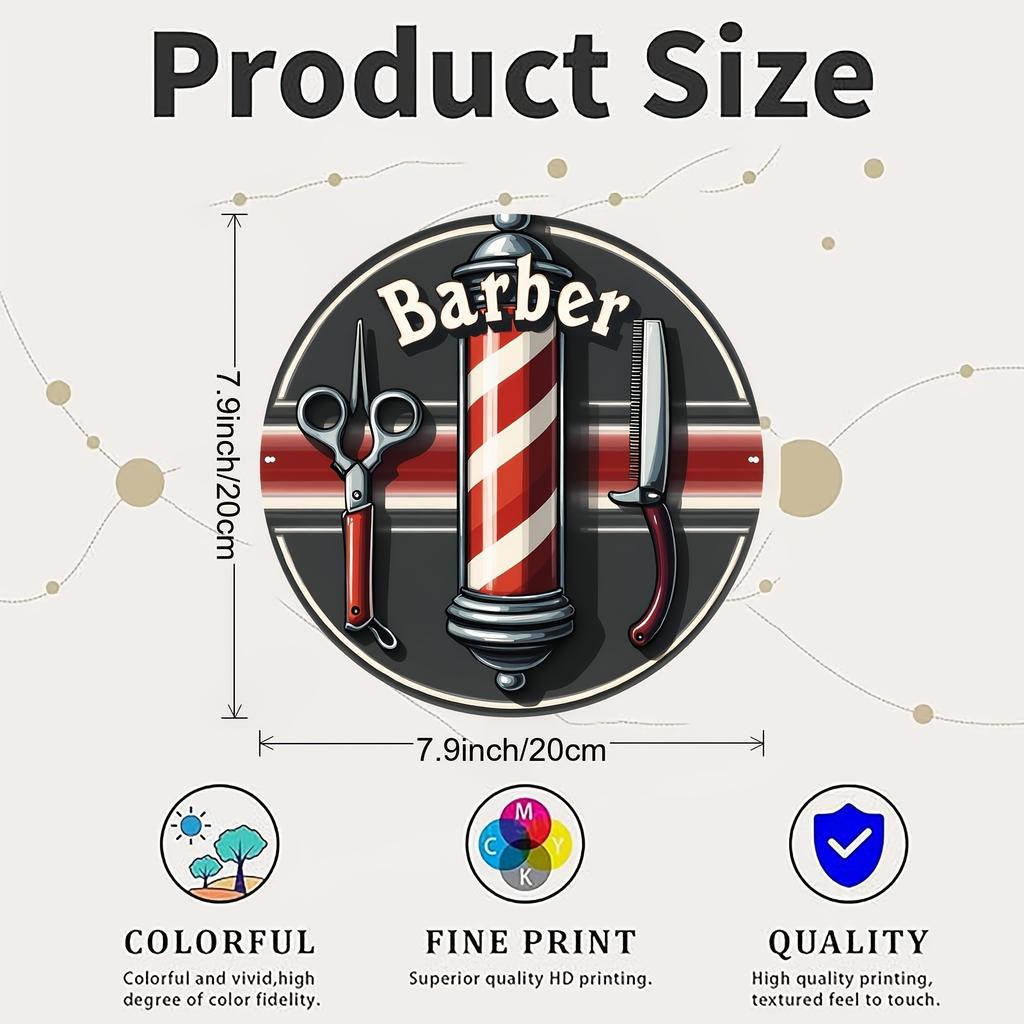 Vintage Barber Shop Metal Sign D Flat Round Aluminum Wall Decor with Scissors Razor Pole Pattern Home Cafe Kitchen Gift for
