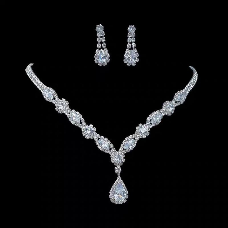 Fashion Simple Water Drop Crystal Rhinestone Necklace Earrings For Women Wedding Dress Accessories Light Luxury Jewelry Sets