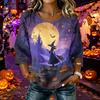 Women Casual Halloween Print Round Neck Three Quarter Sleeve Linen Cotton Blended Top Lightweight Comfortable Loose Fit Shirt