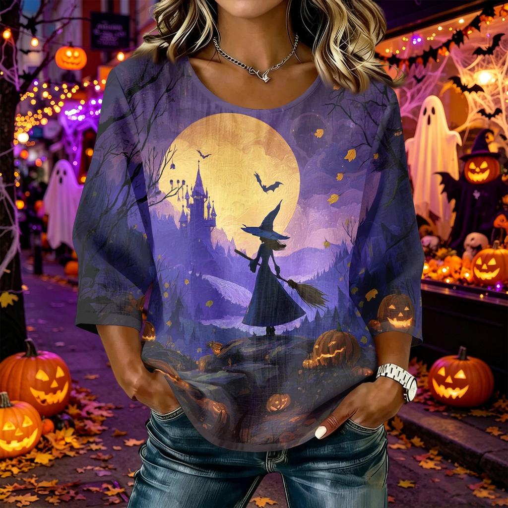 Women Casual Halloween Print Round Neck Three Quarter Sleeve Linen Cotton Blended Top Lightweight Comfortable Loose Fit Shirt