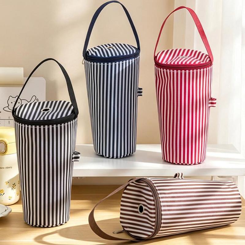 Thermal Lined Striped Tumbler Bag with Handle Insulated Water Bottle Carrier for Commuting Outdoor Activities