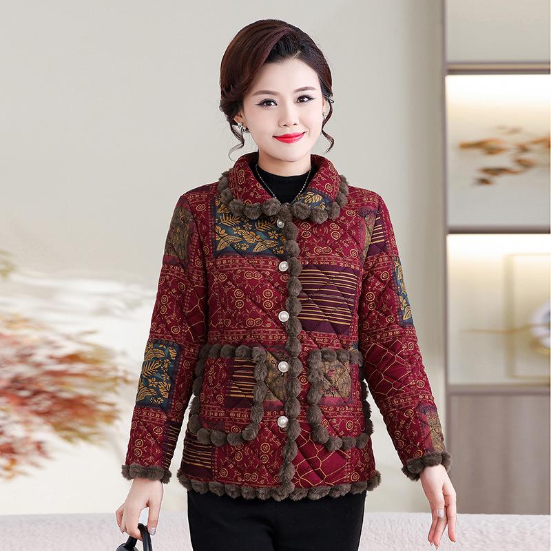 Stylish Floral Plush-Lined Cotton Jacket for Mid-Aged and Elderly Women - Warm, Loose Fit with Lapel