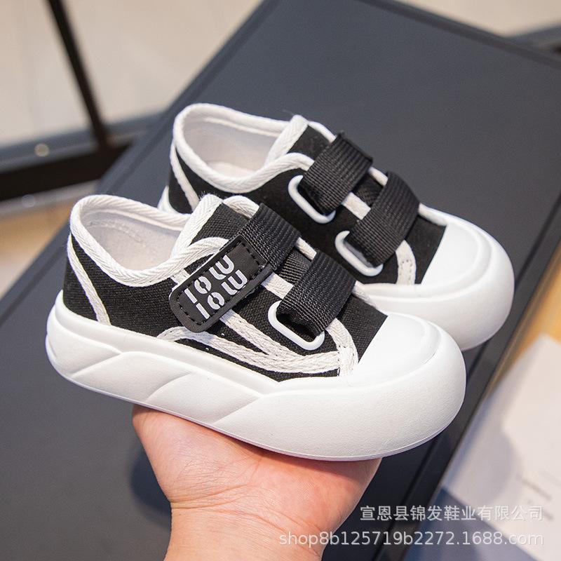 Kids Black And White Hook And Loop Casual Canvas Shoes 26