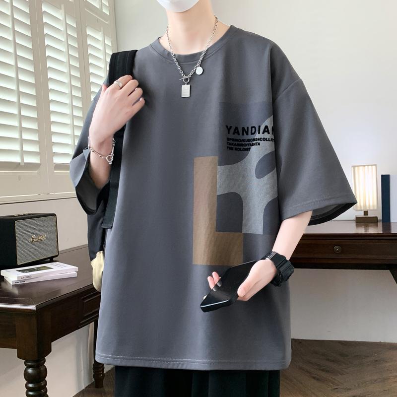 New Loose Flocking Printed Short-sleeved T-shirt Men's Teenagers' Fashion Casual Sports Top Summer