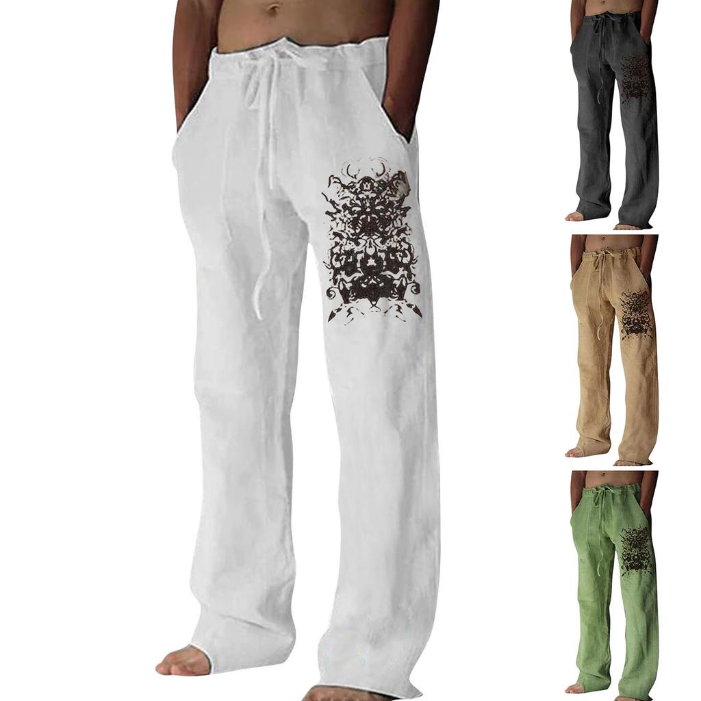 Men's Loose Casual Color Cotton Linen Trousers Elastic Tie Printed Straight Pants