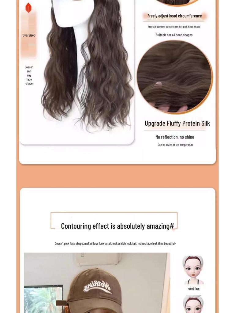 Fashionable Wool Curl Hat with Integrated Wig - New Enlarged Brim Full Head Set