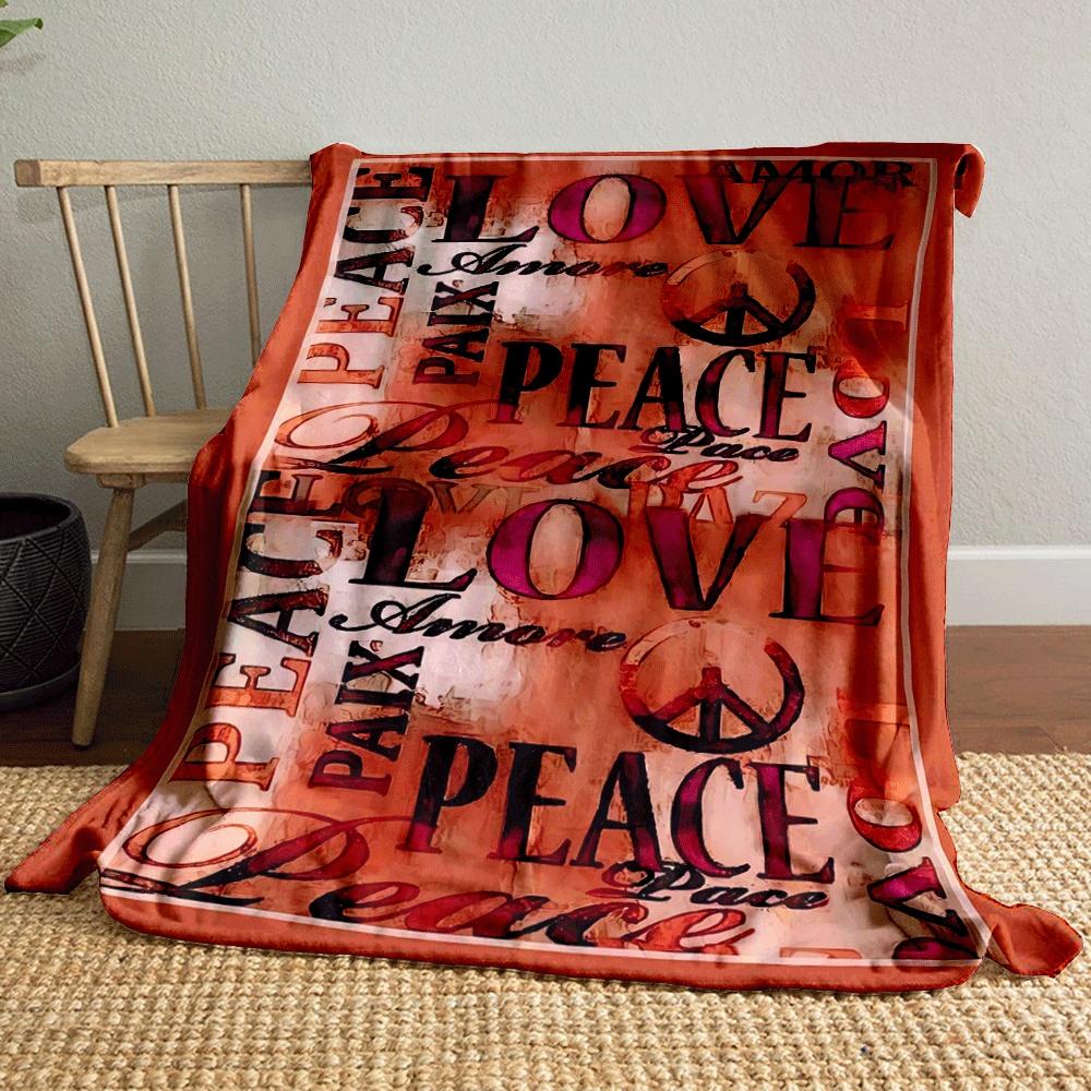 The pattern features "Love" and "Peace" text in various styles and colors. for all seasons blanket lunch break throw gift