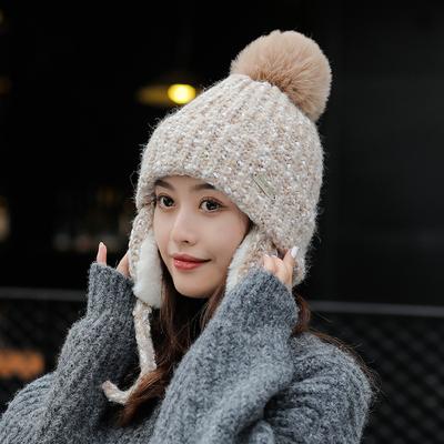 Women's Winter Plush Thick Casual Warm Knitted Hat with Ear Protection and Sweet Cycling Cold Hat