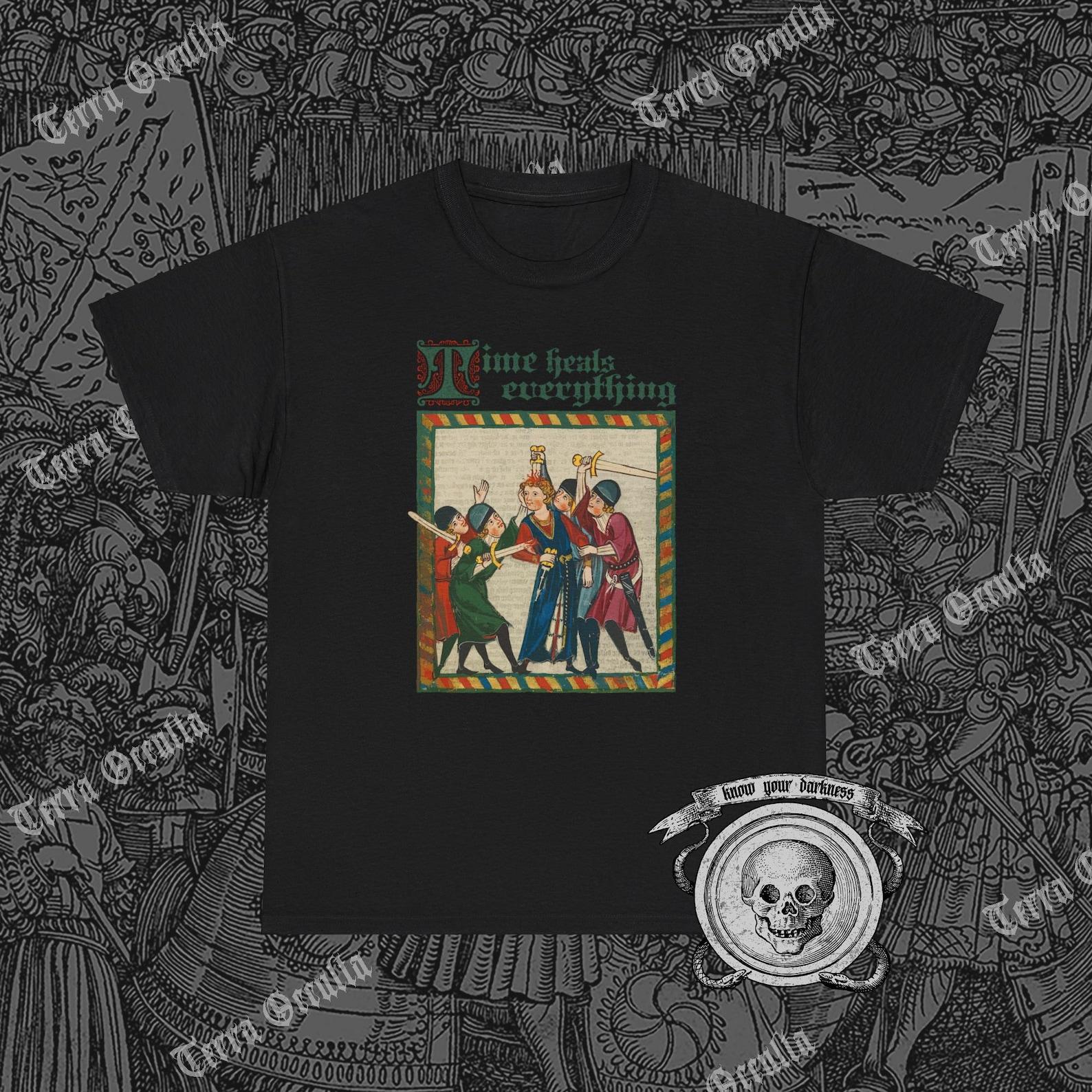 Time Heals Everything Shirt, Sarcastic Middle Ages, Medieval Woodcut, I m Fine 2XL