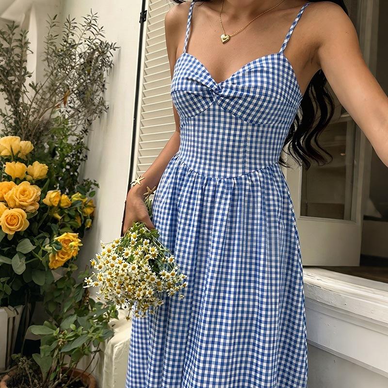 Sweet dress TEMU cross-border 2026 new French pastoral style pattern suspender slim pendulum dress women S синий