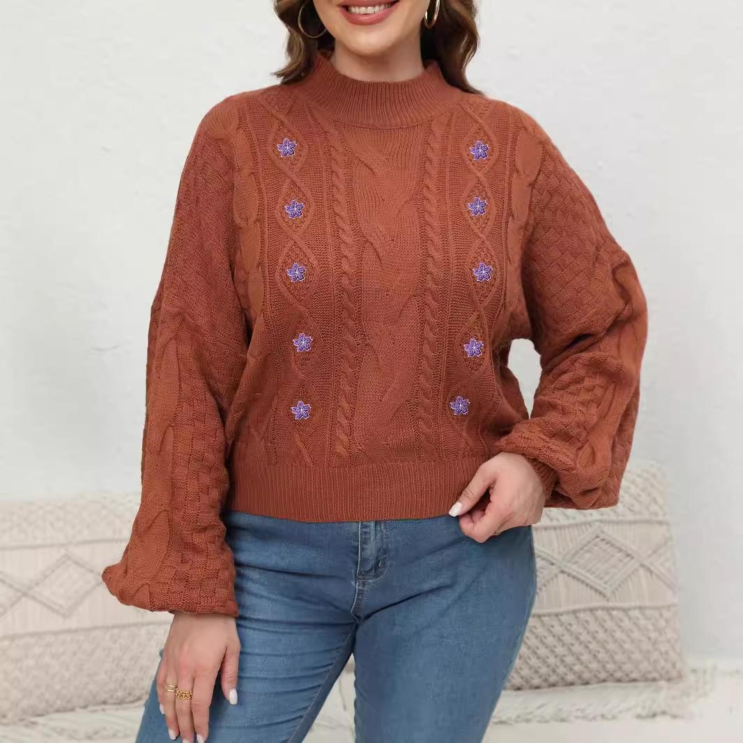 

Женский свитер-пуловер с воротником-стойкой и рукавами-фонариками, вышитый цветочным узором, размер осень/зима плюс половина размера L коричневый