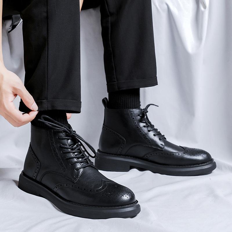 

мужская мода оригинальные кожаные ботинки на шнуровке резные броги черные коричневые ковбойские ботинки на платформе весна осень ботильоны мужские 270 чёрный