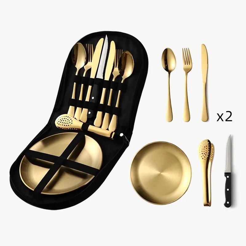 9/10/20sets Outdoor Travel Stainless Steel Tableware Camping Barbecue Plate Clip Steak Knife Fork Spoon Set Portable Storage Bag