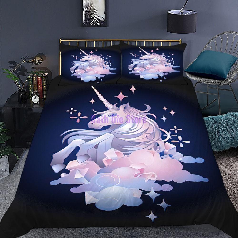 Cartoon Unicorn Lucky Kids Girls Pink Bedding Set Cartoon Duvet Cover Bedcllothes Animal Printed Queen King Size Bed Linens