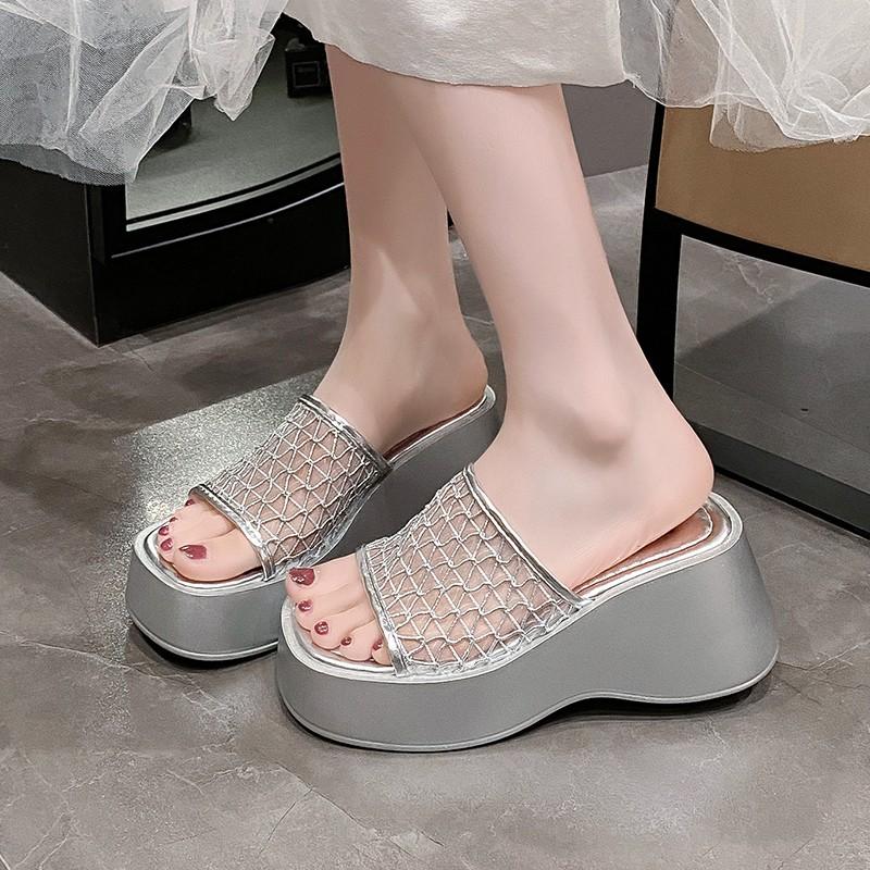 Fashion 2025 Summer Hollow Out Mesh Wedge Sandals Women Peep Toe Chunky Platform Slippers Woman Non Slip Thick Bottom Outdoor Slides