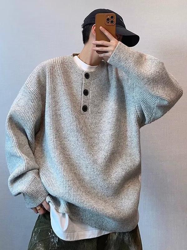 Men's Winter 2025 Henley Collar Slub Yarn Knit Pullover Sweater - Loose Fit with Soft Arctic Fleece