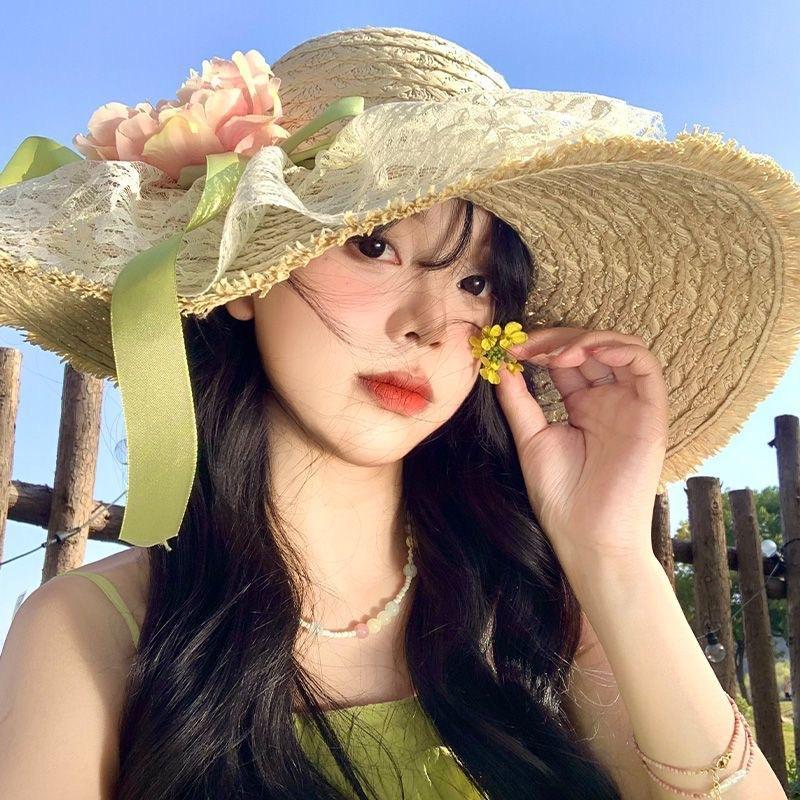 Summer Women's Bowknot Straw Hat New Beach Big Brimmed Hat Foldable Travel Seaside Vacation Travel Outdoor Sunscreen Caps