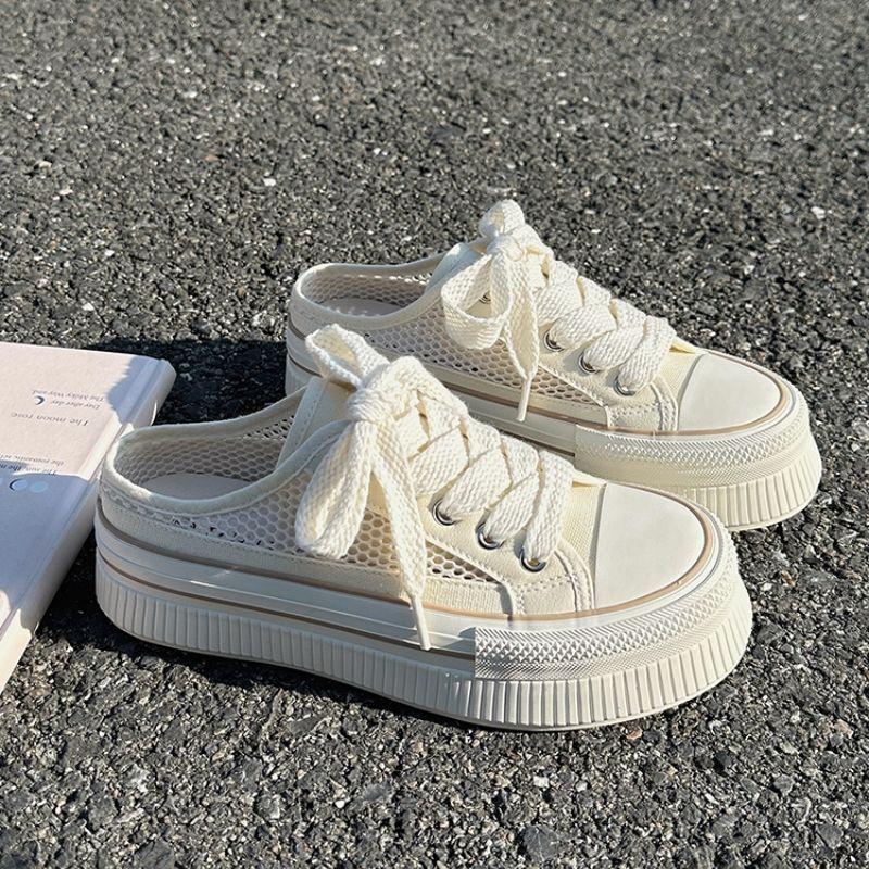 Rund tå tjocka damtofflor och damsandaler andningsbara mesh canvas skor utomhus 2025 trend stilfulla tofflor på rea