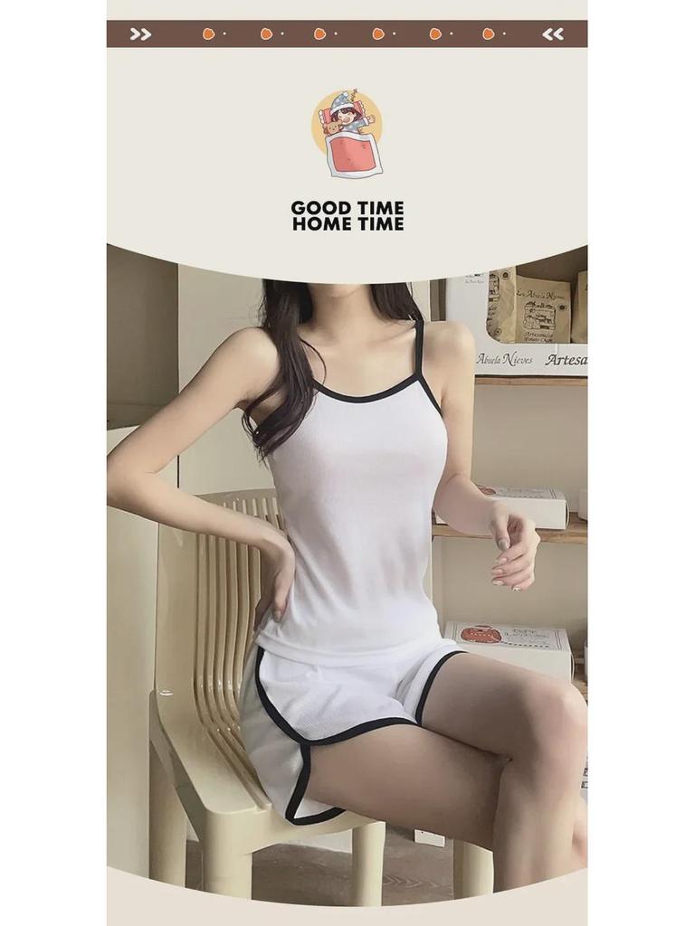 Women's Casual Summer Pajamas with Chest Pads - Suspender Shorts Set