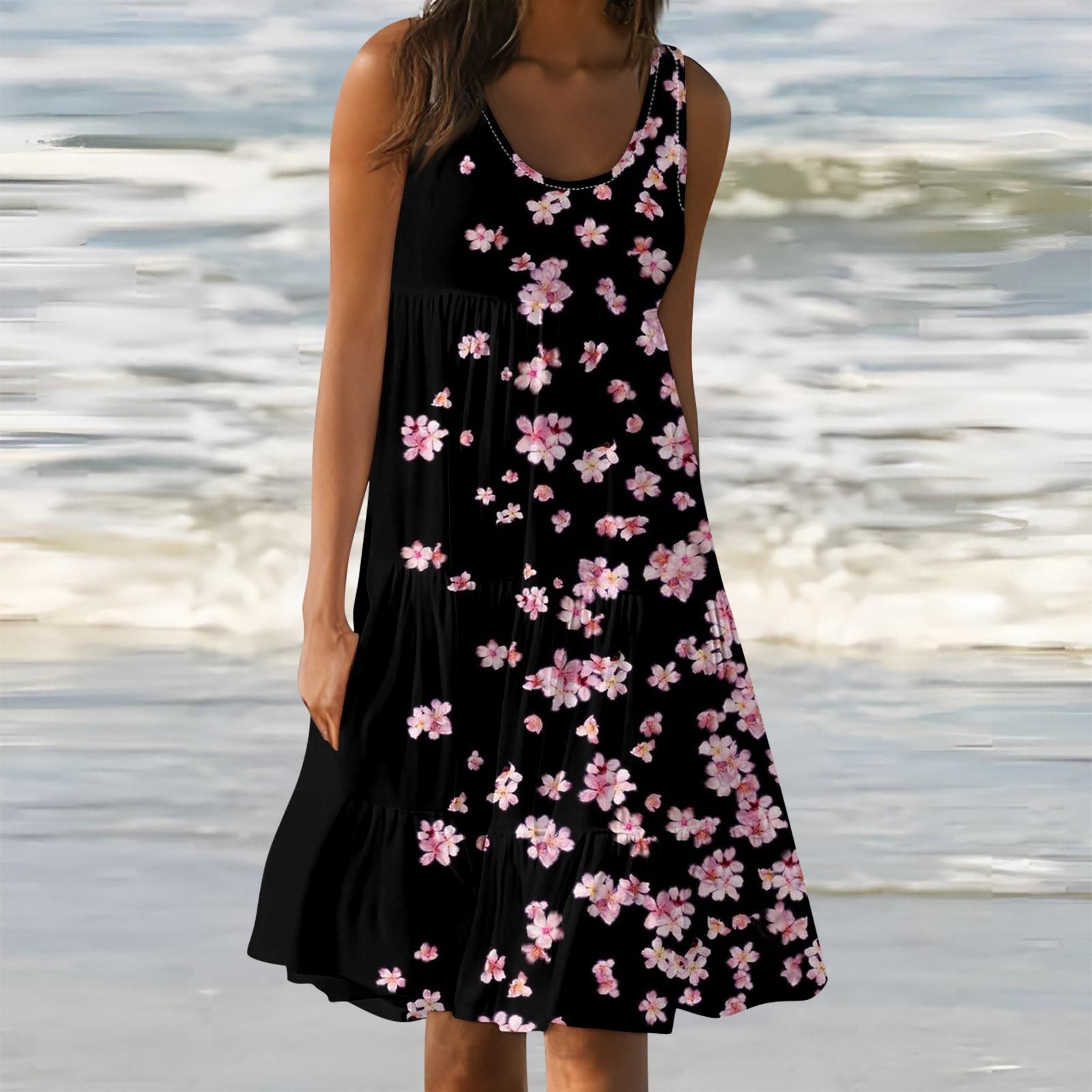 

Женские летние весенние плиссированные богемные платья, милые струящиеся пляжные платья без рукавов, прямая футболка, платья-майки, платья с круглым вырезом L чёрный