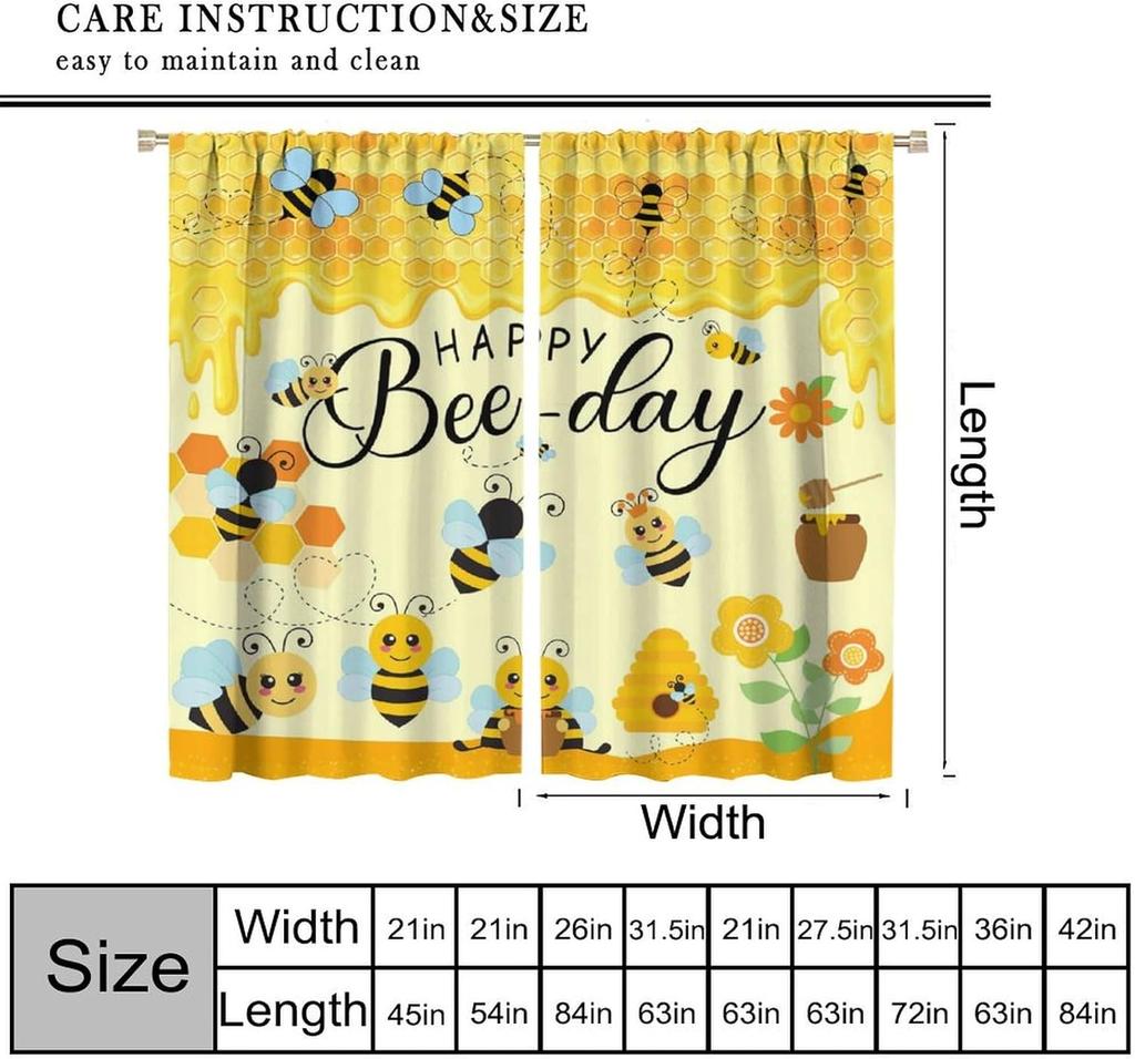 Bee Curtains Boy Girl Bedroom Spring Yellow Honeybee Inspirational Art Printed Window Drapes Living Room Curtain Light Blocking Polyester Ideal For