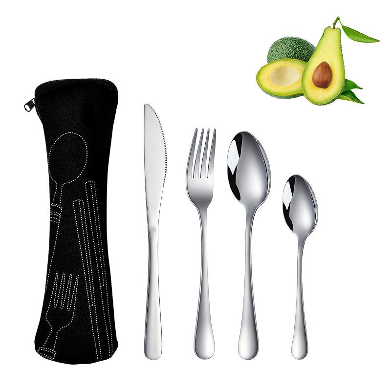 Stainless Steel Travel Cutlery Set: Knife, Fork, Spoon, Bottle Opener with Portable Storage Bag for Outdoor Camping